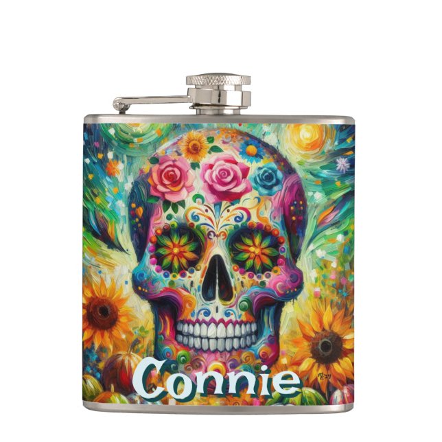 Sugar Skull Day of the Dead Floral Personalized Flask (Front)
