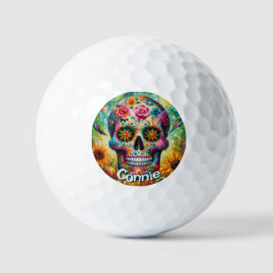 Sugar Skull Day of the Dead Floral Personalized Golf Balls