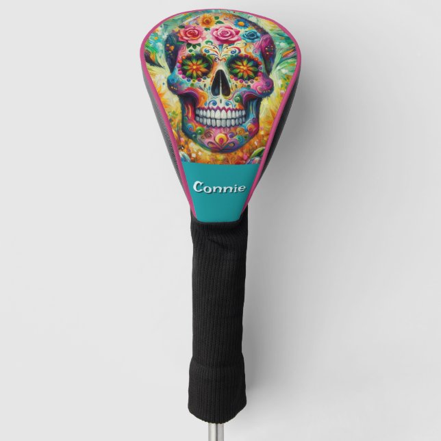 Sugar Skull Day of the Dead Floral Personalized Golf Head Cover (Front)