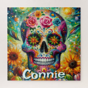 Sugar Skull Day of the Dead Floral Personalized Jigsaw Puzzle