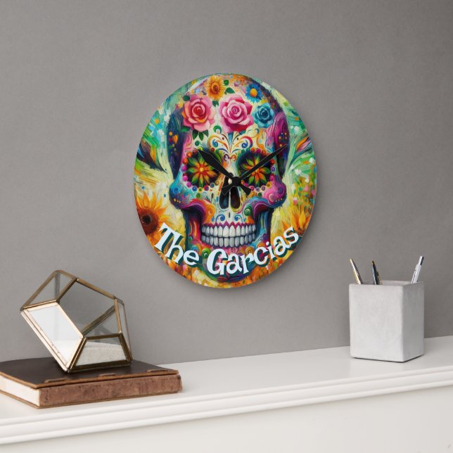 Sugar Skull Day of the Dead Floral Personalized Large Clock (Office)