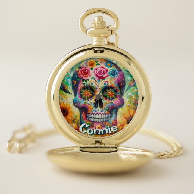 Sugar Skull Day of the Dead Floral Personalized Pocket Watch (Inside)