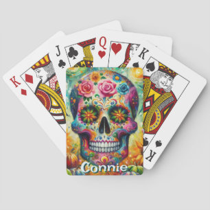 Sugar Skull Day of the Dead Floral Personalized Poker Cards