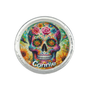 Sugar Skull Day of the Dead Floral Personalized Ring