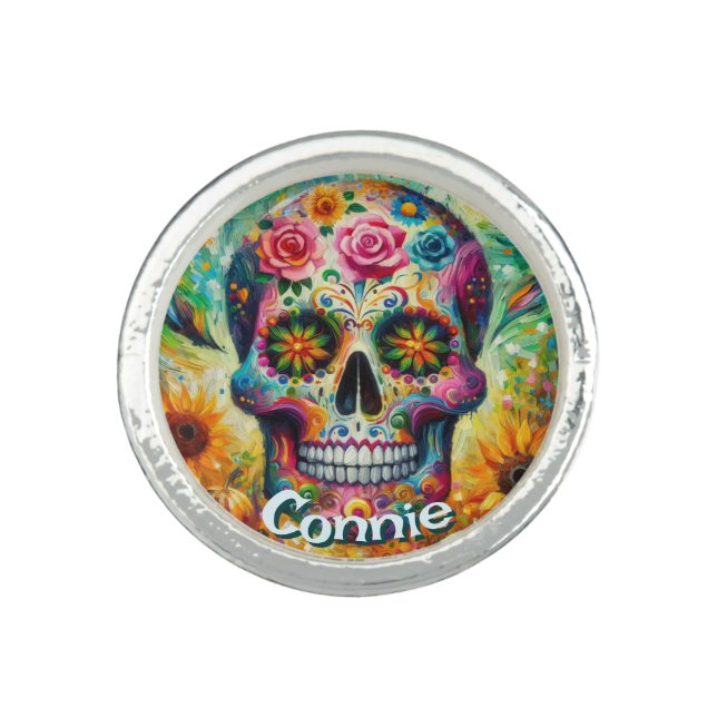 Sugar Skull Day of the Dead Floral Personalized Ring (Front)
