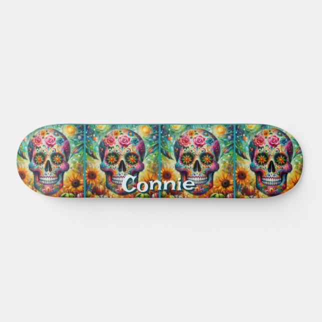 Sugar Skull Day of the Dead Floral Personalized Skateboard (Horz)