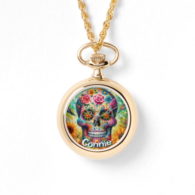 Sugar Skull Day of the Dead Floral Personalized Watch (Front)