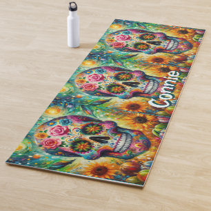 Sugar Skull Day of the Dead Floral Personalized Yoga Mat