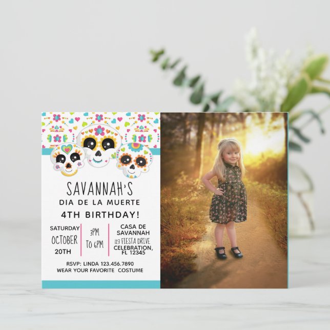 Sugar Skull Day of the Dead Halloween Birthday  Invitation (Standing Front)