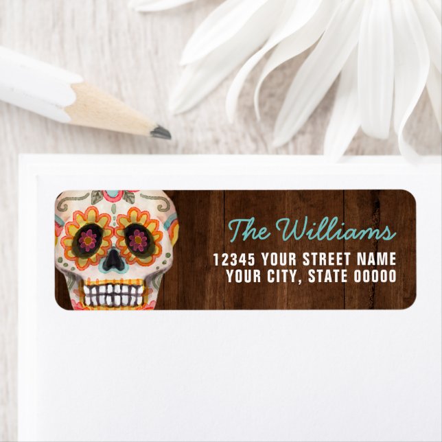 Sugar Skull Day of the Dead Halloween Wood Label (Insitu)