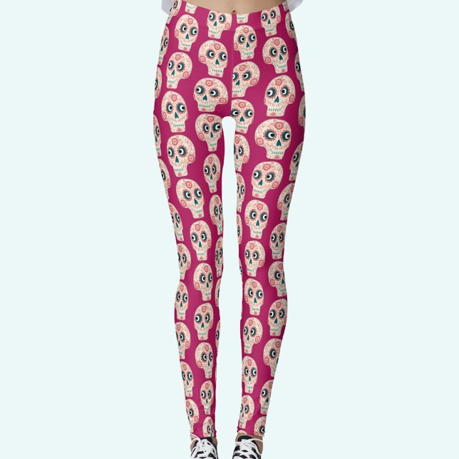 Sugar Skull Day of the Dead Magenta Pink Leggings (Pink Sugar Skull Day of the Dead leggings)