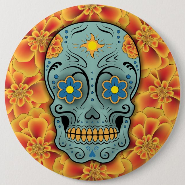 Sugar Skull - Day of the Dead (Marigold) Pinback Button (Front)