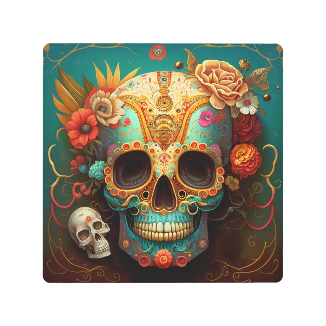 Sugar Skull Day Of The Dead Metal Print (Front)