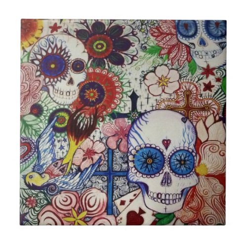 sugar skull day of the dead mexican tatto tile art