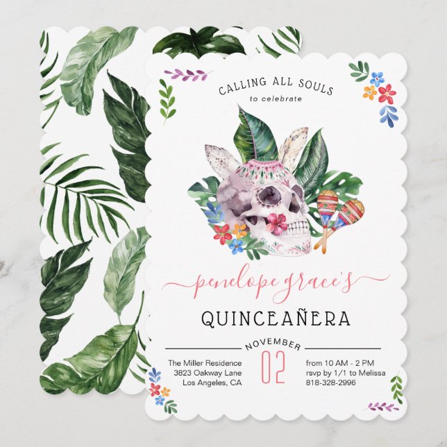 Sugar Skull Day of the Dead Quinceañera  Invitation (Front/Back)