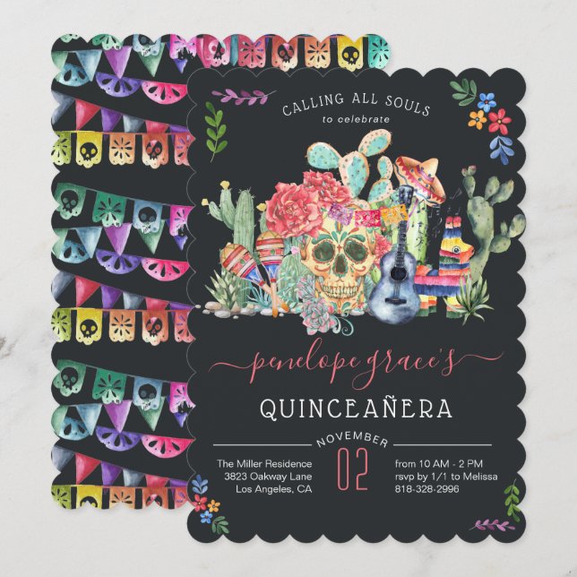 Sugar Skull Day of the Dead Quinceañera Invitation (Front/Back)