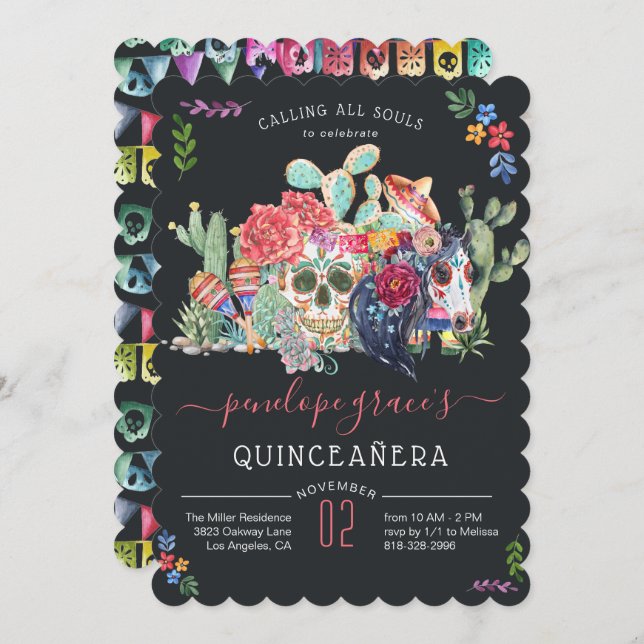 Sugar Skull Day of the Dead Quinceañera Invitation (Front/Back)