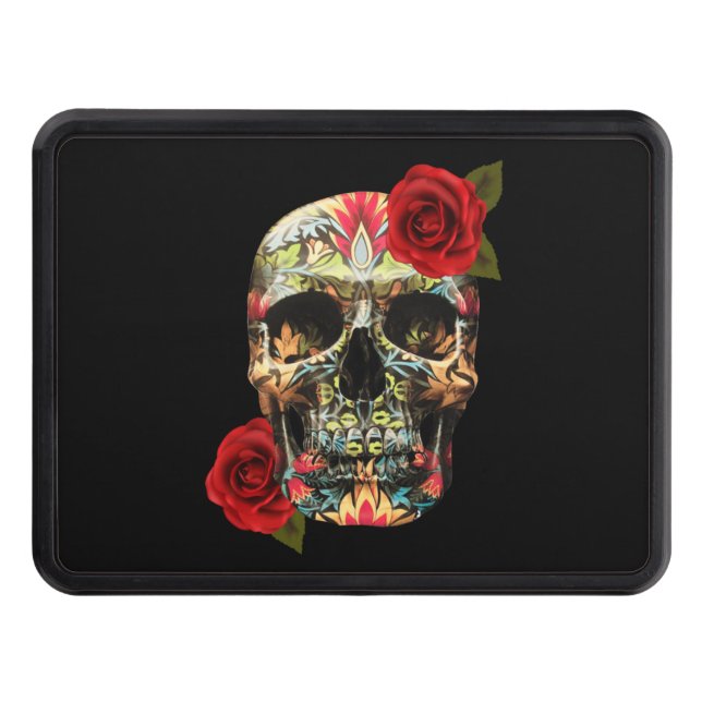 Sugar Skull Day Of The Dead Red Roses Hitch Cover (Front)