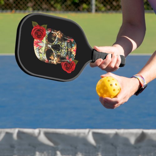 Sugar Skull Day Of The Dead Red Roses Pickleball Paddle