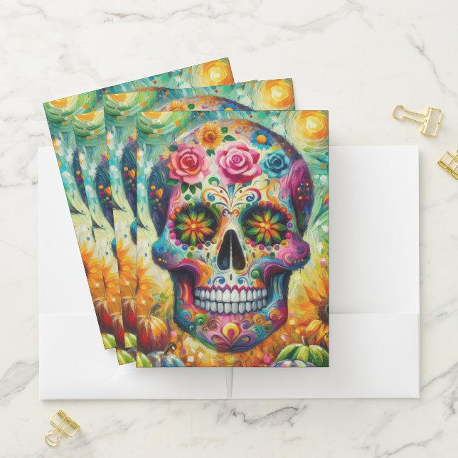 Sugar Skull Day of the Dead Sunflowers Roses Pocket Folder (In Situ)
