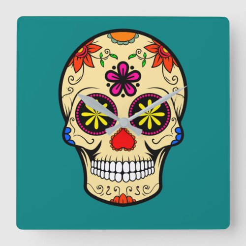 Sugar Skull Day of the Dead Teal Square Wall Clock