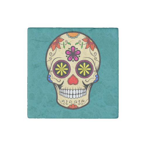 Sugar Skull Day of the Dead Teal Stone Magnet