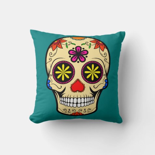 Sugar Skull Day of the Dead Teal Throw Pillow