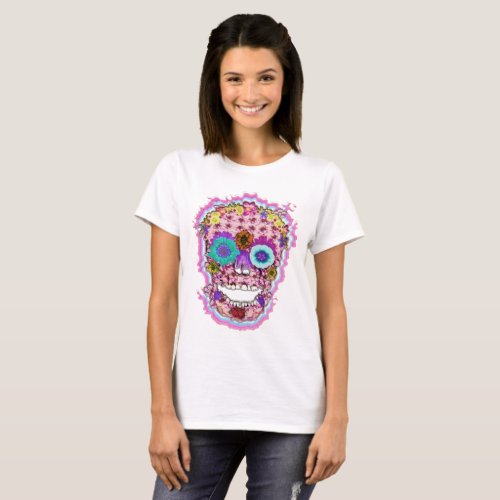 Sugar Skull Day of the Dead with Flowers T_Shirt