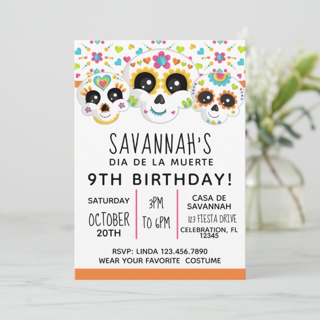 Sugar Skull Dia de La Muerte Halloween Birthday In Invitation (Standing Front)