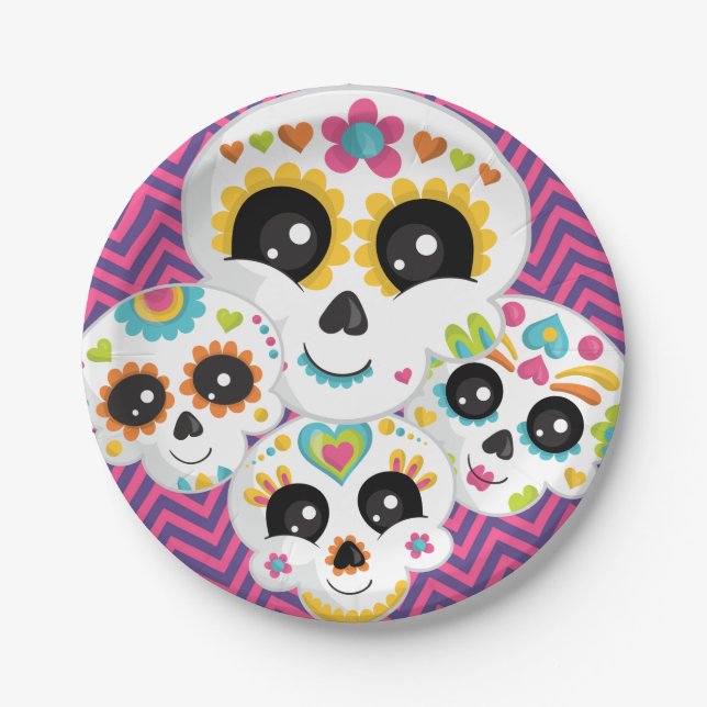 Sugar Skull Dia de La Muerte Halloween Birthday Pa Paper Plates (Front)