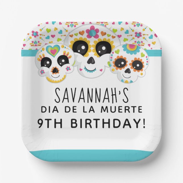 Sugar Skull Dia de La Muerte Halloween Birthday Paper Plates (Front)
