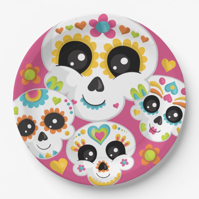Sugar Skull Dia de La Muerte Halloween Birthday Paper Plates (Front)