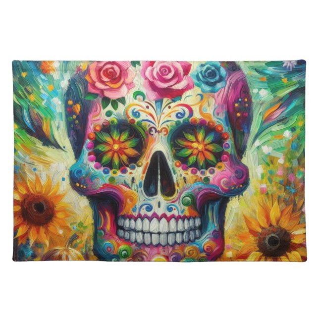 Sugar Skull Dia De Los Muertos Day of the Dead Cloth Placemat (Front)