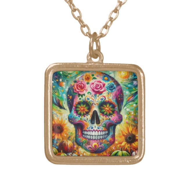 Sugar Skull Dia De Los Muertos Day of the Dead Gold Plated Necklace (Front)
