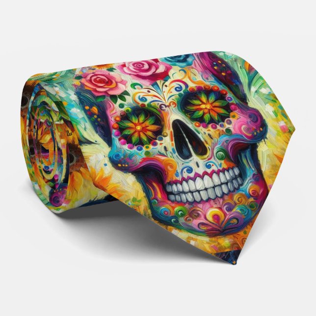 Sugar Skull Dia De Los Muertos Day of the Dead Neck Tie (Rolled)