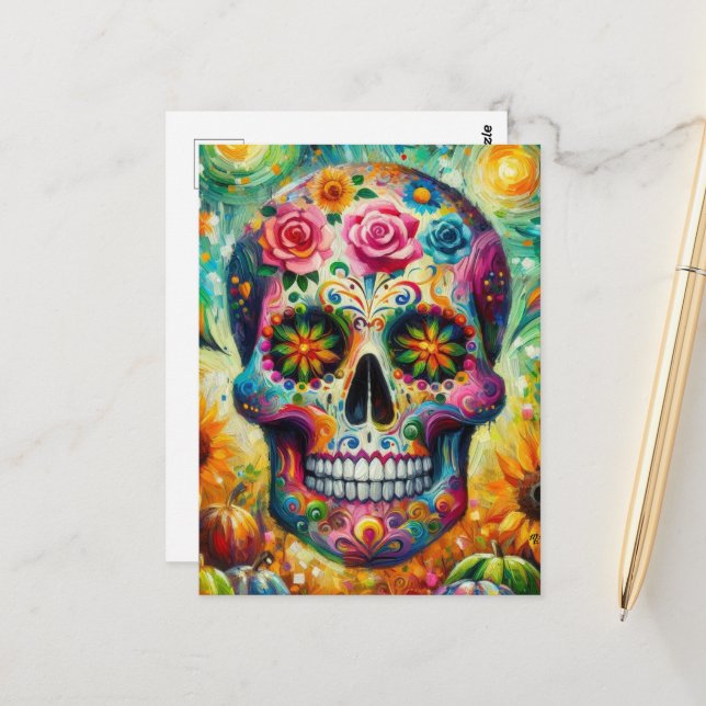 Sugar Skull Dia De Los Muertos Day of the Dead Postcard (Front/Back In Situ)