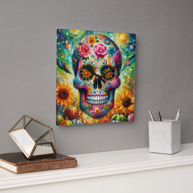 Sugar Skull Dia De Los Muertos Day of the Dead Square Wall Clock (Office)