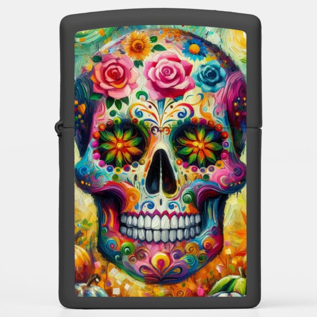 Sugar Skull Dia De Los Muertos Day of the Dead Zippo Lighter (Front)