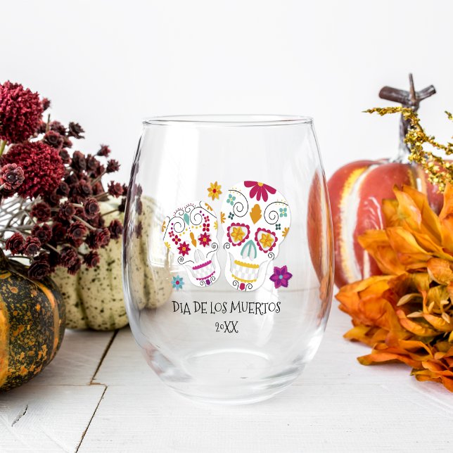 Sugar Skull Dia de los Muertos Stemless Wine Glass (Creator Uploaded)