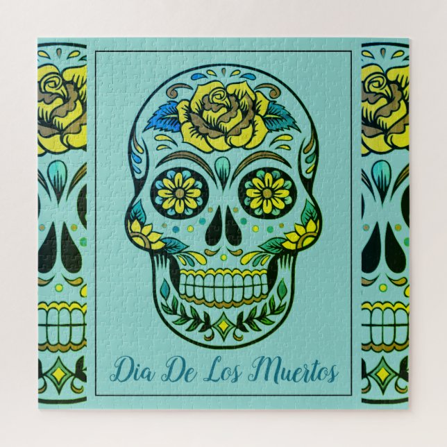 Sugar Skull Dia de Los Muertos Turquoise Jigsaw Puzzle (Vertical)