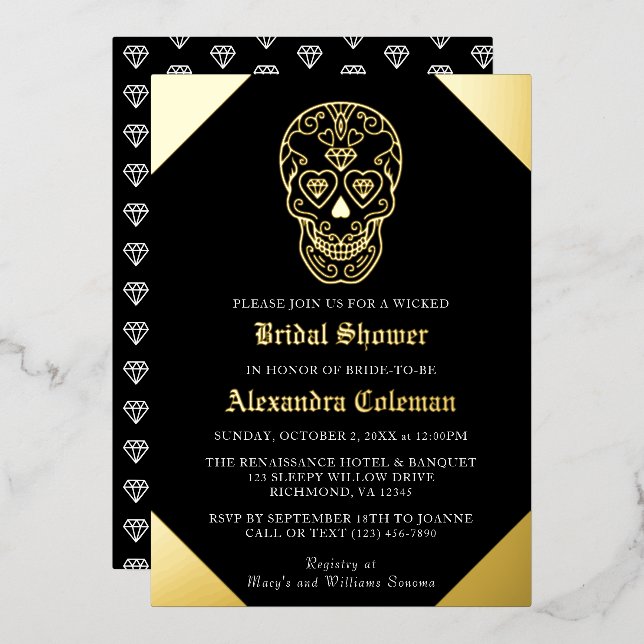 Sugar Skull Diamond Bridal Shower Foil Invitation (Front/Back)