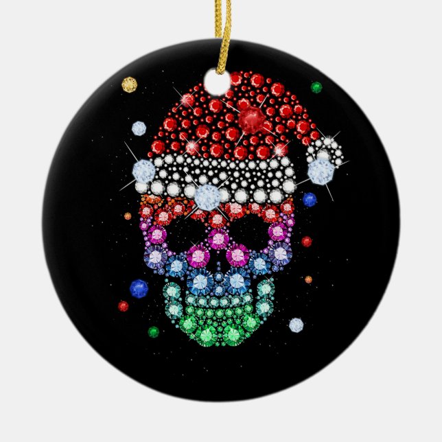 Sugar Skull Dimond with Santa Hat Merry Christmas  Ceramic Ornament (Front)