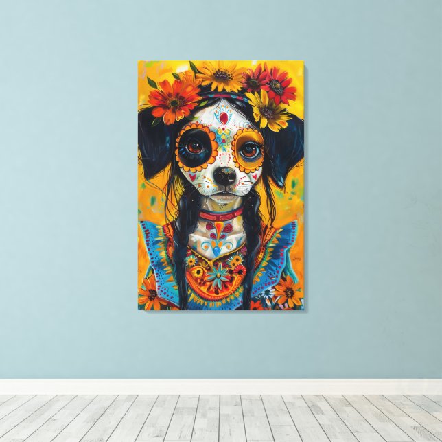 Sugar skull dog face mexican aesthetic canvas print (Insitu(Wood Floor))