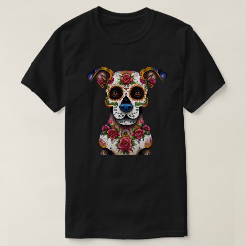 Sugar Skull Dog with a Collar of Roses T_Shirt