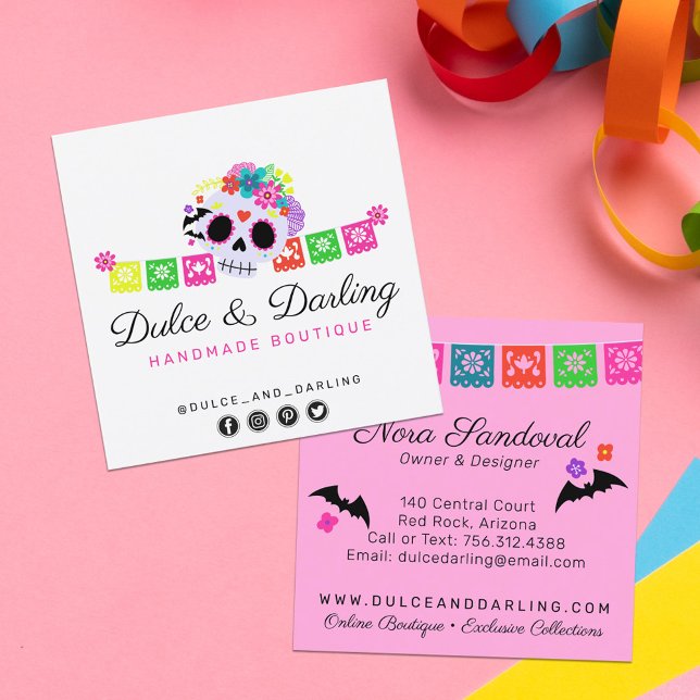 Sugar Skull Floral Calavera Papel Picado Boutique Square Business Card (Creator Uploaded)