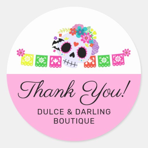 Sugar Skull Floral Calavera Papel Picado Thank You Classic Round Sticker