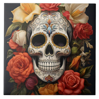 Sugar Skull Floral Ceramic Tile