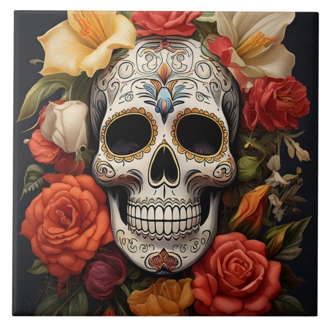 Sugar Skull Floral Ceramic Tile (Front)