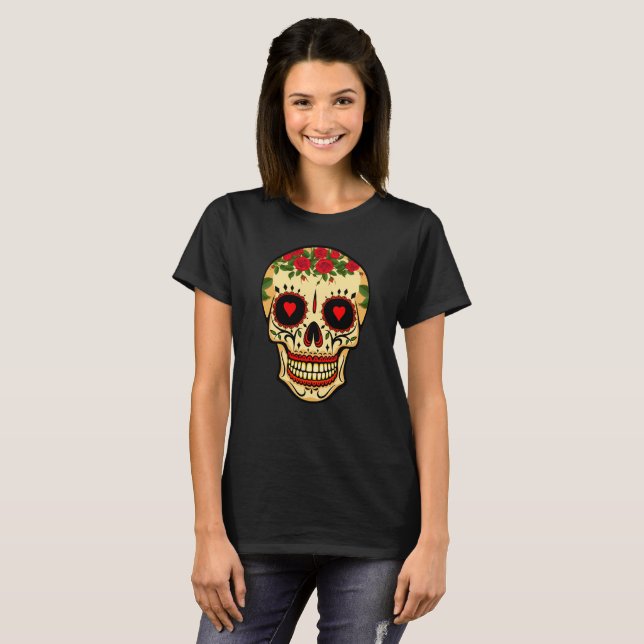 Sugar Skull Floral Day of the Dead Design T-Shirt (Front Full)