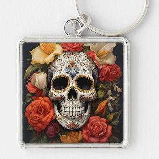 Sugar Skull Floral Keychain